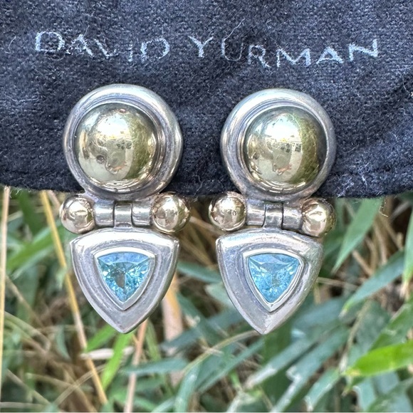 David Yurman Dangle Triangle Earrings Blue Topaz Sterling Silver & 14k Gold - Picture 2 of 9